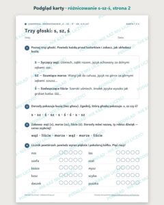 Różnicowanie „s – sz – ś” — karty logopedyczne, 6–9 lat, 6 kart PDF — podgląd karty, strona 2
