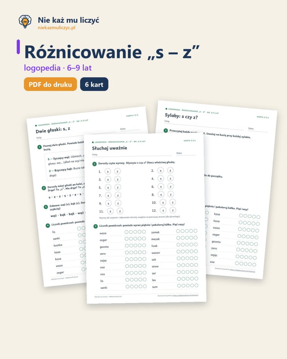 Różnicowanie „s – z” — ćwiczenia logopedyczne, 6–9 lat, 6 kart PDF — okładka