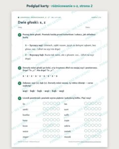 Różnicowanie „s – z” — ćwiczenia logopedyczne, 6–9 lat, 6 kart PDF — podgląd karty, strona 2