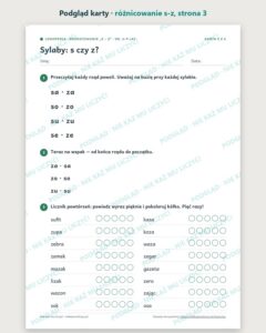 Różnicowanie „s – z” — ćwiczenia logopedyczne, 6–9 lat, 6 kart PDF — podgląd karty, strona 3