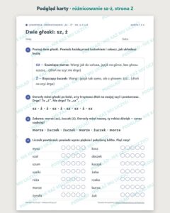 Różnicowanie „sz – ż” — ćwiczenia logopedyczne, 6–9 lat, 6 kart PDF — podgląd karty, strona 2