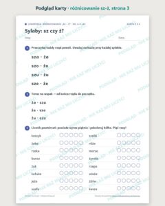 Różnicowanie „sz – ż” — ćwiczenia logopedyczne, 6–9 lat, 6 kart PDF — podgląd karty, strona 3