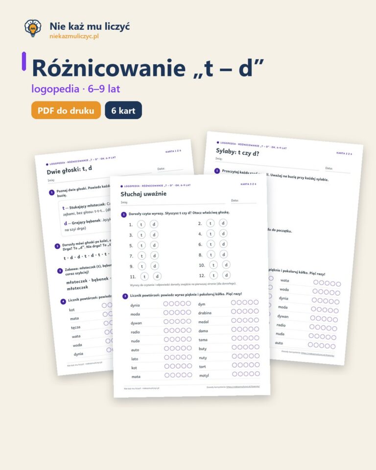 Różnicowanie „t – d” — ćwiczenia logopedyczne, 6–9 lat, 6 kart PDF — okładka