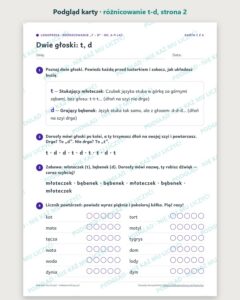Różnicowanie „t – d” — ćwiczenia logopedyczne, 6–9 lat, 6 kart PDF — podgląd karty, strona 2