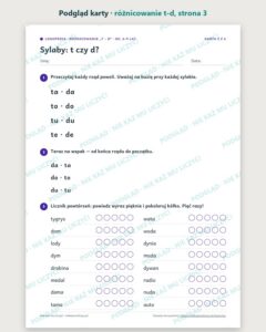 Różnicowanie „t – d” — ćwiczenia logopedyczne, 6–9 lat, 6 kart PDF — podgląd karty, strona 3