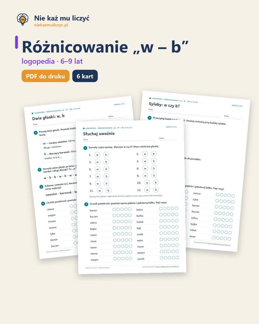 Różnicowanie „w – b” — ćwiczenia logopedyczne, 6–9 lat, 6 kart PDF — okładka