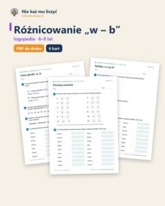 Różnicowanie „w – b” — ćwiczenia logopedyczne, 6–9 lat, 6 kart PDF — okładka