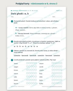 Różnicowanie „w – b” — ćwiczenia logopedyczne, 6–9 lat, 6 kart PDF — podgląd karty, strona 2