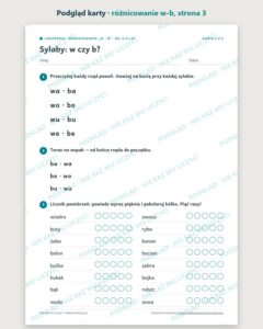 Różnicowanie „w – b” — ćwiczenia logopedyczne, 6–9 lat, 6 kart PDF — podgląd karty, strona 3