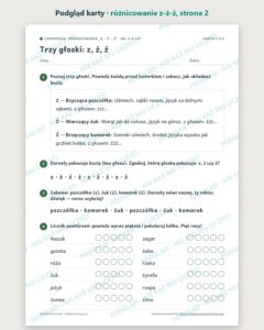 Różnicowanie „z – ż – ź” — ćwiczenia logopedyczne, 6–9 lat, 6 kart PDF — podgląd karty, strona 2