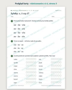 Różnicowanie „z – ż – ź” — ćwiczenia logopedyczne, 6–9 lat, 6 kart PDF — podgląd karty, strona 3
