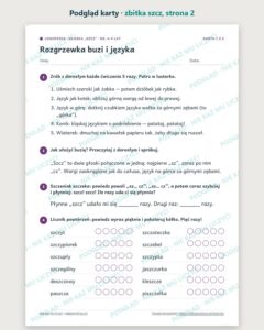 Zbitka „szcz” — ćwiczenia logopedyczne, 6–9 lat, 6 kart PDF — podgląd karty, strona 2