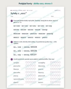 Zbitka „szcz” — ćwiczenia logopedyczne, 6–9 lat, 6 kart PDF — podgląd karty, strona 3