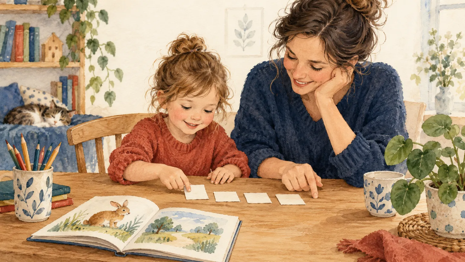Mama i córka układają papierowe kartoniki przy stole, obok otwarta książka z obrazkami