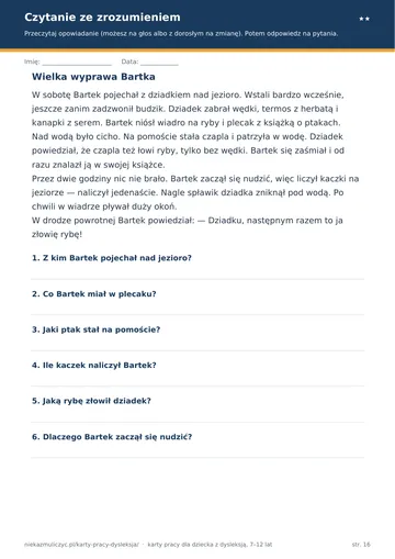 Karta pracy przy dysleksji: czytanie ze zrozumieniem