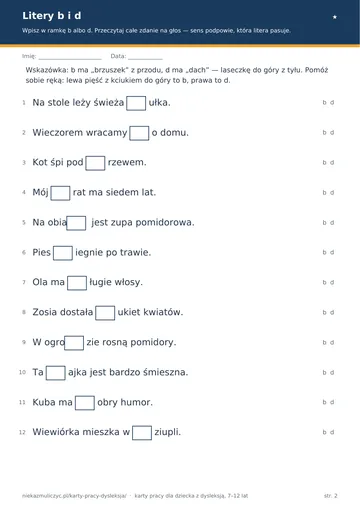 Karta pracy przy dysleksji: litery b i d