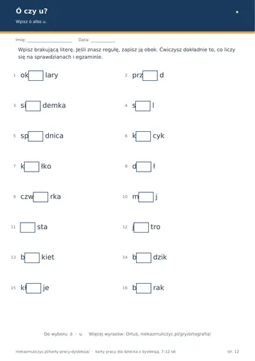 Karta pracy przy dysleksji: ó czy u