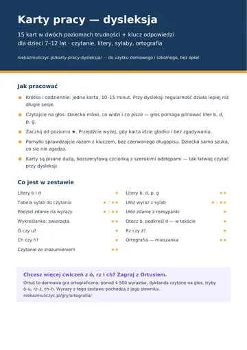 Karta pracy przy dysleksji: okładka i spis kart