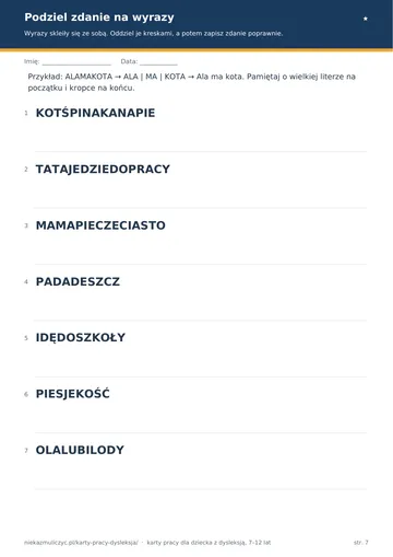 Karta pracy przy dysleksji: podziel zdanie na wyrazy