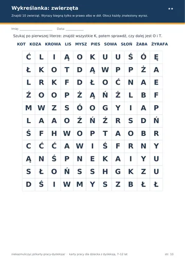 Karta pracy przy dysleksji: wykreślanka