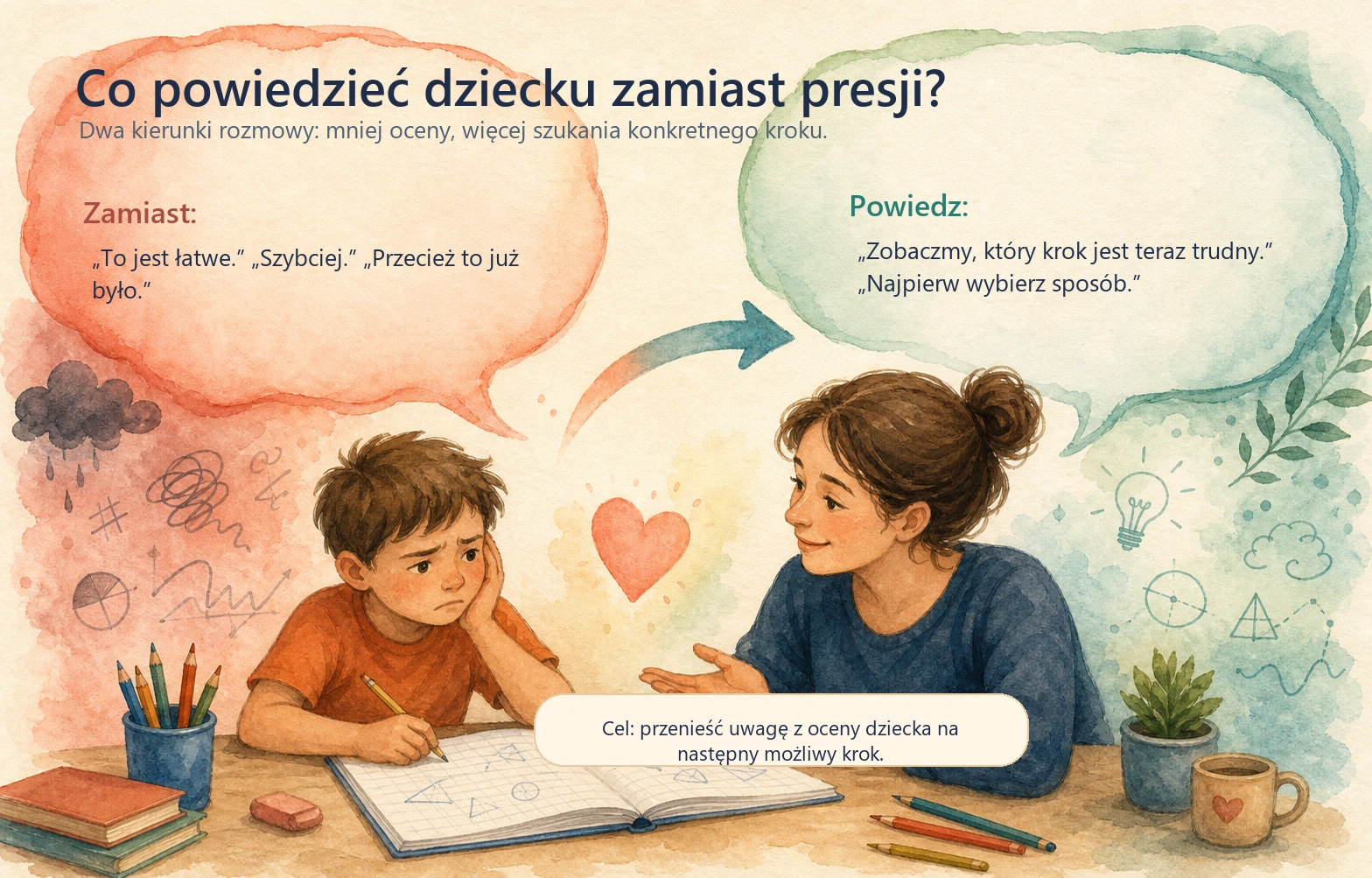 Akwarelowa infografika z przykładami zdań, które można powiedzieć dziecku zamiast presyjnych komunikatów przy matematyce.