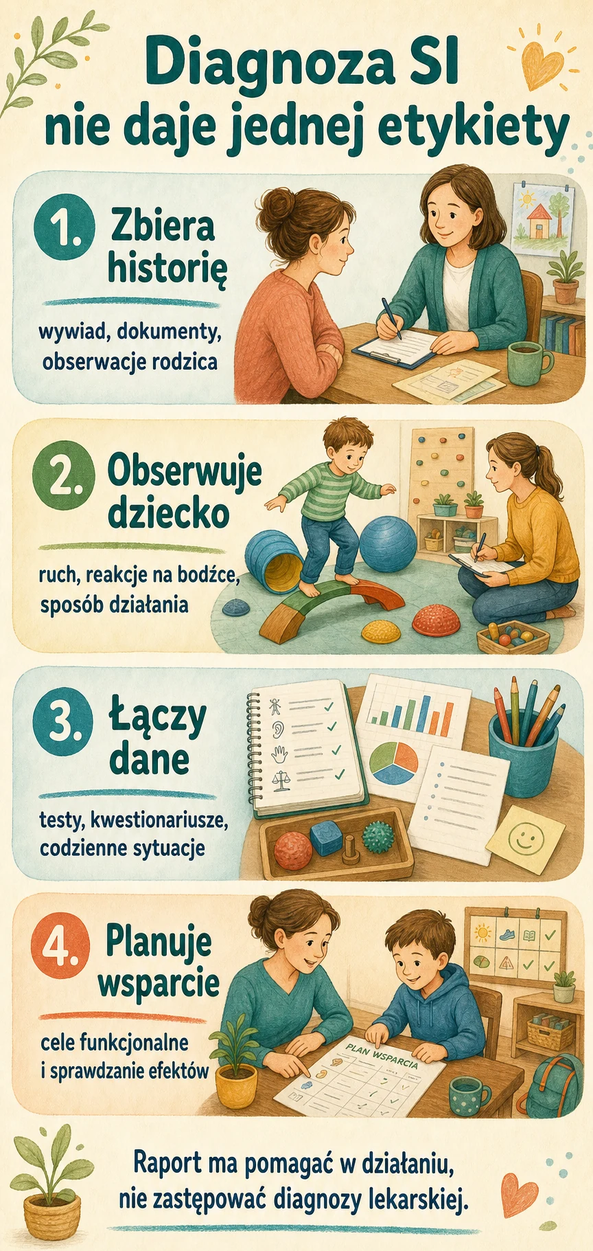 Infografika: diagnoza integracji sensorycznej zbiera historię, obserwuje dziecko, łączy dane i planuje wsparcie.