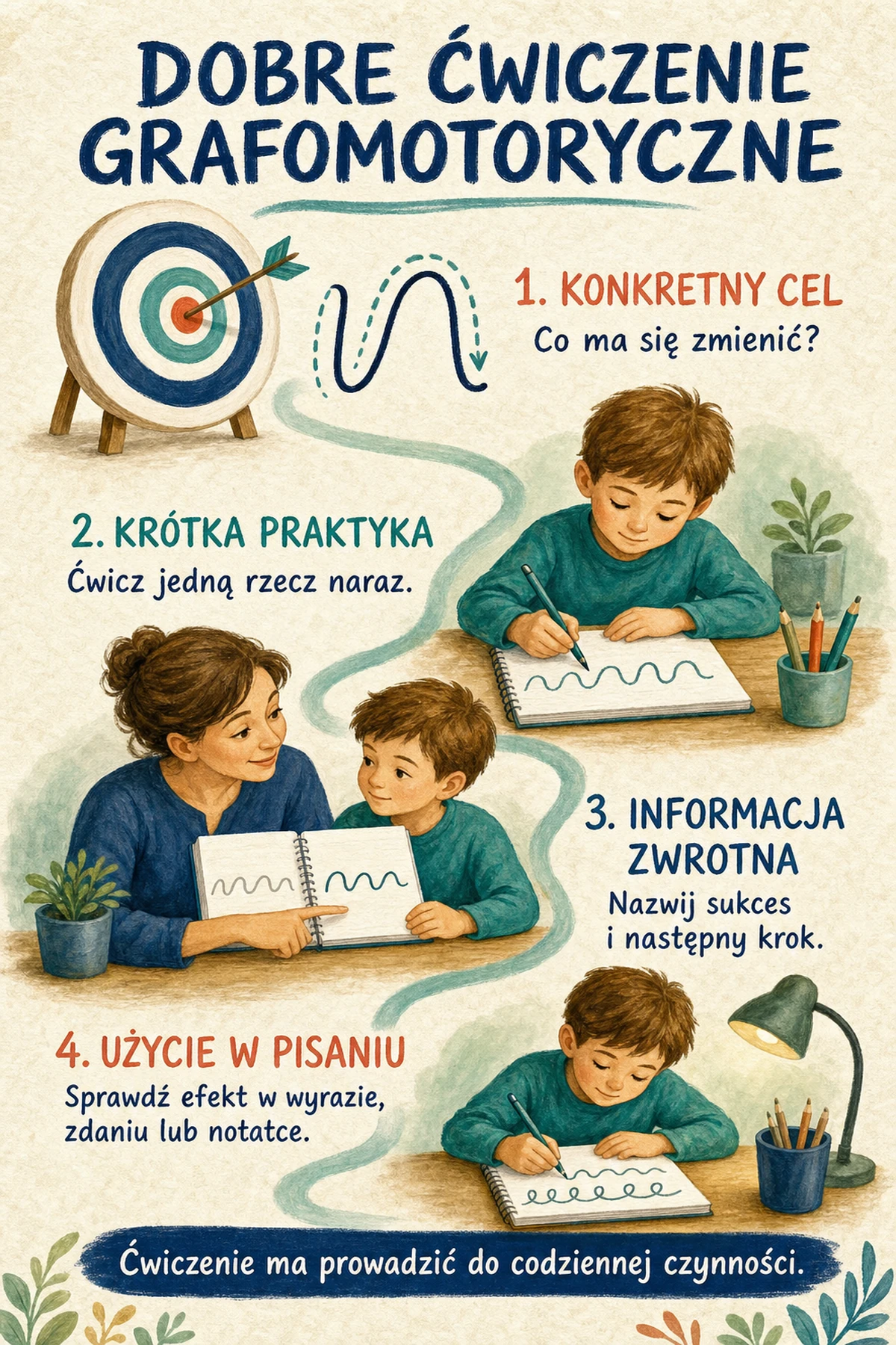 Cztery etapy dobrego ćwiczenia grafomotorycznego: cel, krótka praktyka, informacja zwrotna i użycie w pisaniu.