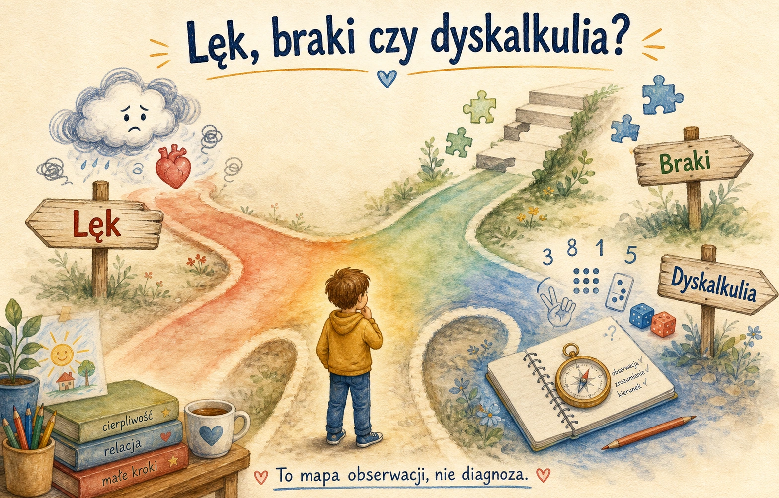Ilustracja trzech możliwych obszarów trudności: lęku matematycznego, braków w podstawach i dyskalkulii.