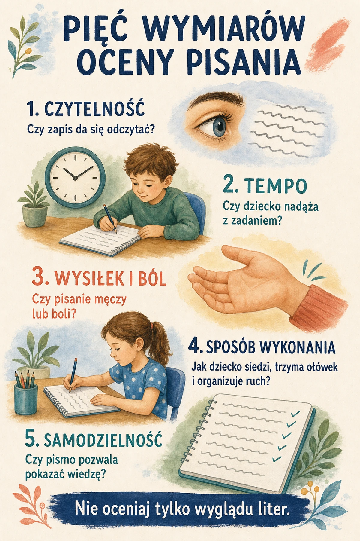 Pięć wymiarów oceny pisania dziecka: czytelność, tempo, wysiłek i ból, sposób wykonania oraz samodzielność.