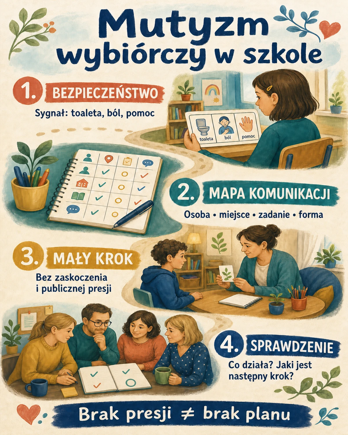 Cztery elementy szkolnego planu wsparcia dziecka z mutyzmem wybiórczym: bezpieczeństwo, mapa komunikacji, mały krok i sprawdzenie postępów.
