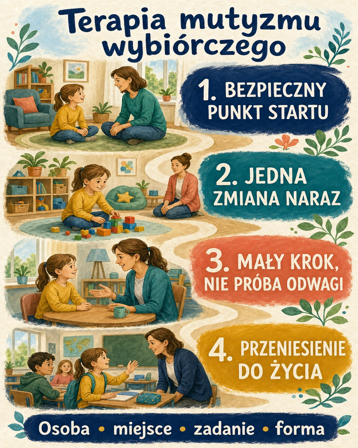 Cztery zasady terapii mutyzmu wybiórczego: bezpieczny punkt startu, jedna zmiana naraz, mały krok bez próby odwagi i przeniesienie komunikacji do życia.