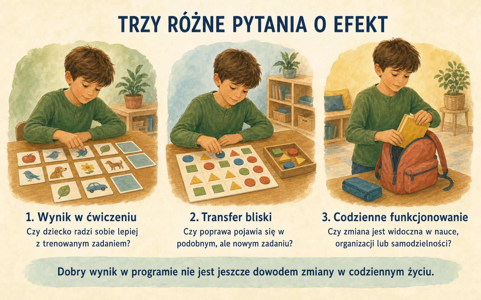 Trzy poziomy oceny treningu: wynik w ćwiczeniu, transfer bliski i zmiana w codziennym funkcjonowaniu.