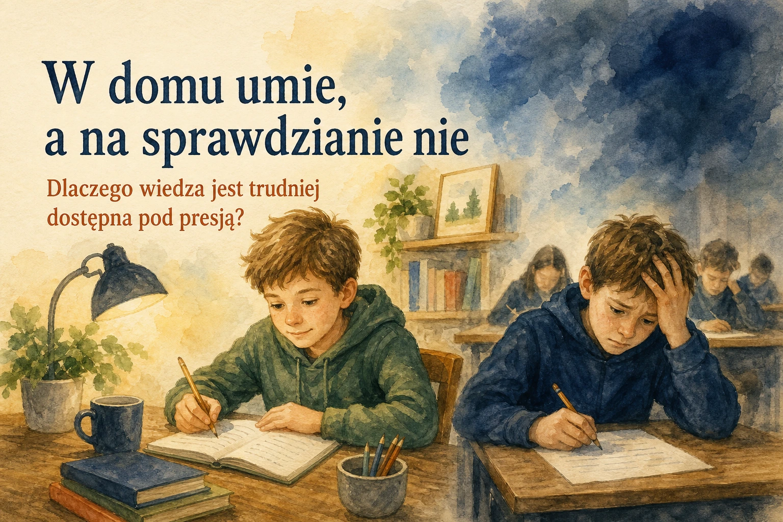Renderowana ilustracja tego samego dziecka spokojnie pracującego w domu i odczuwającego napięcie podczas sprawdzianu w klasie.