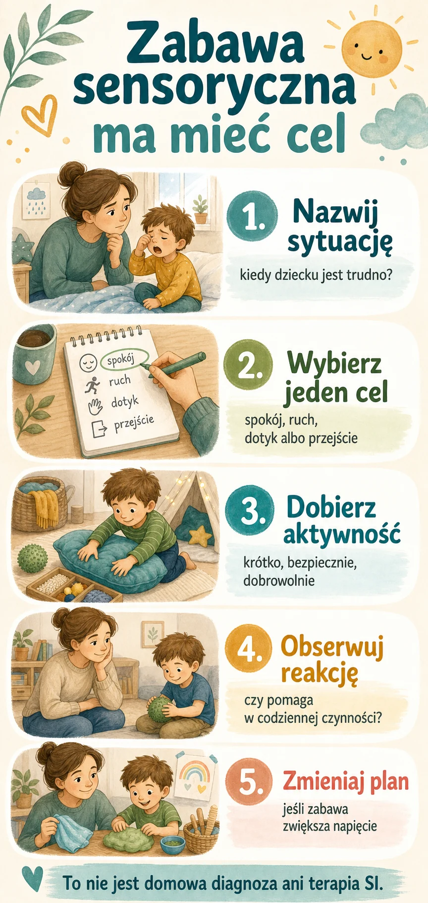 Infografika: zabawa sensoryczna ma mieć cel - nazwij sytuację, wybierz cel, dobierz aktywność, obserwuj reakcję i zmieniaj plan.