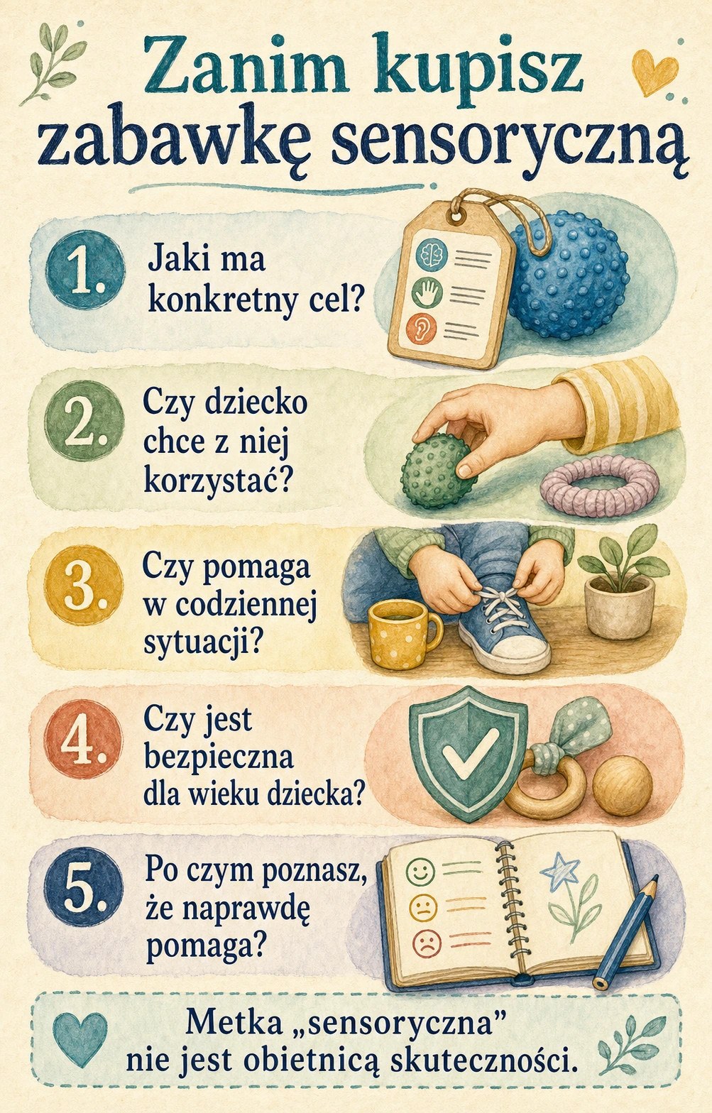 Infografika: pięć pytań przed zakupem zabawki sensorycznej - cel, zgoda dziecka, codzienne zastosowanie, bezpieczeństwo i ocena efektu.