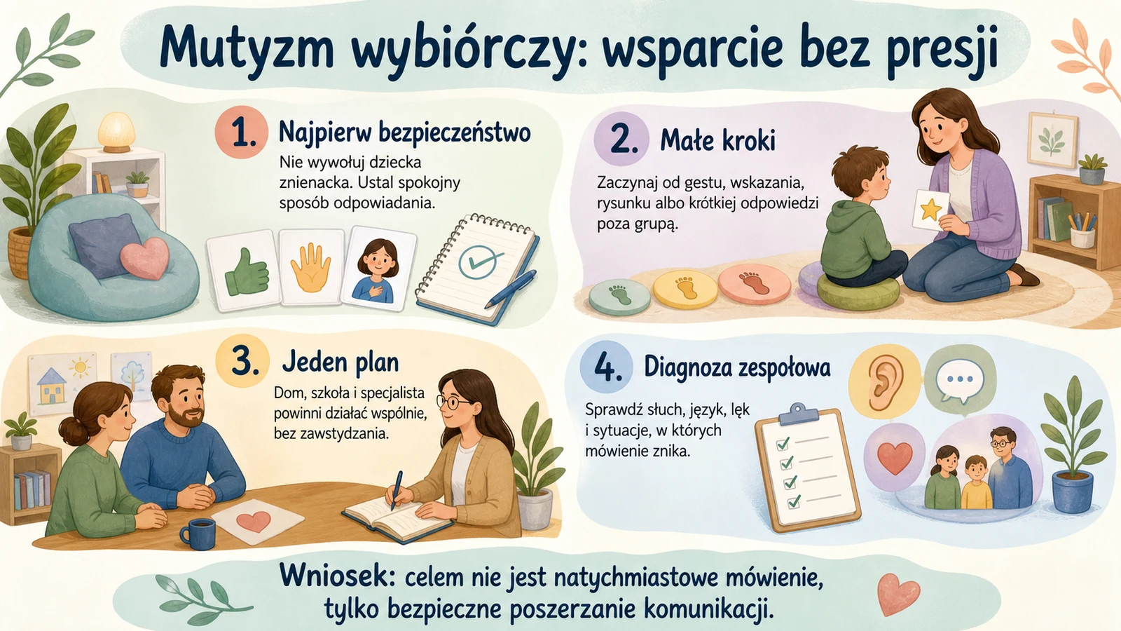 Infografika o wsparciu dziecka z mutyzmem wybiórczym bez presji na natychmiastowe mówienie.