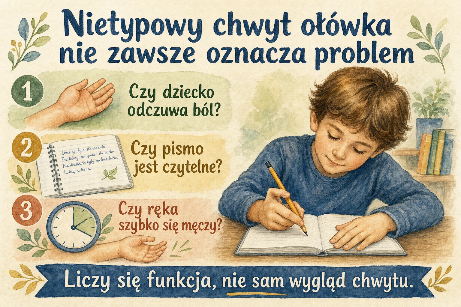 Nietypowy chwyt ołówka - pytania o ból, czytelność pisma i zmęczenie ręki.