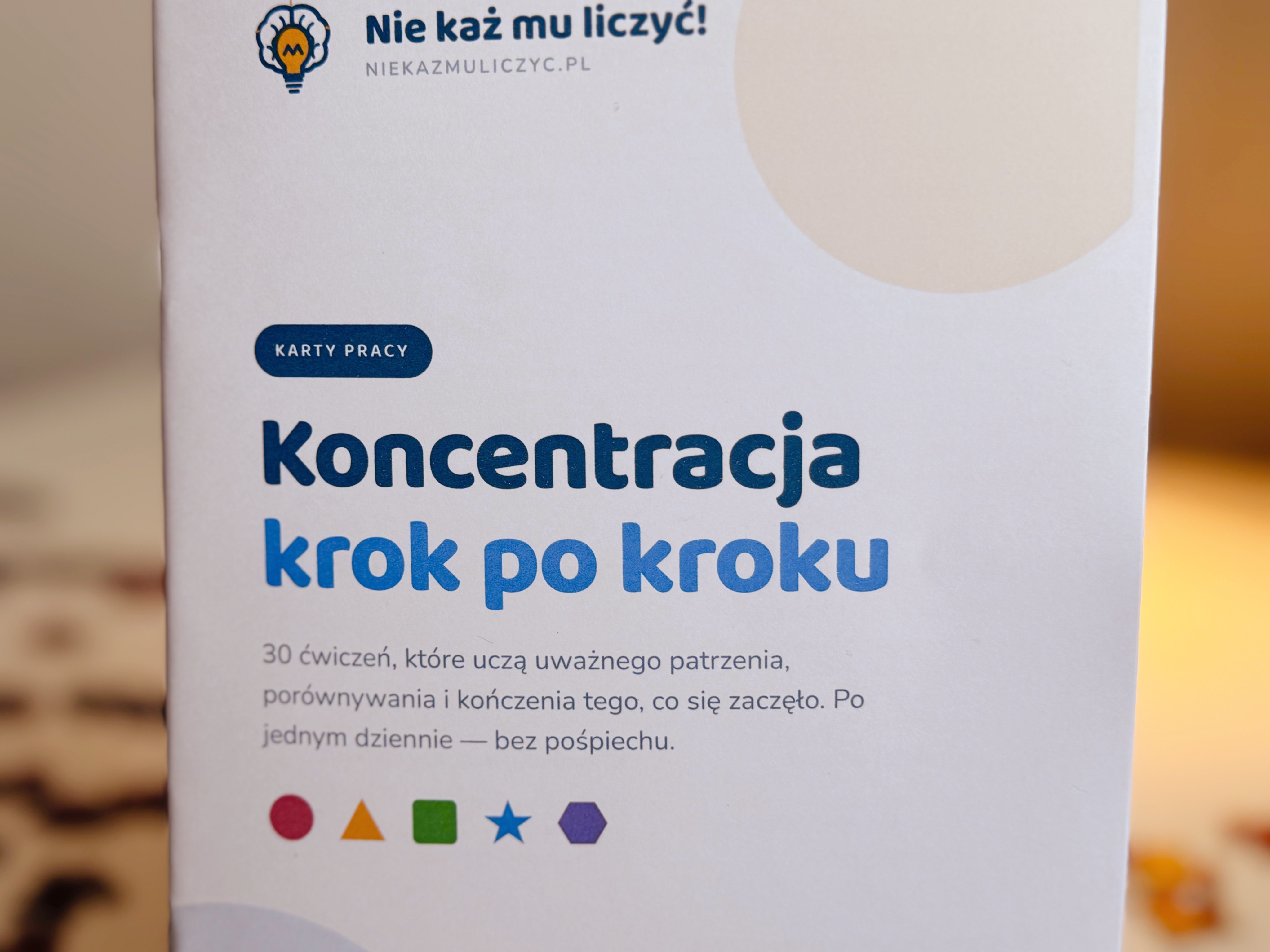 Zbliżenie okładki: logo, plakietka „Karty pracy”, tytuł i pięć kolorowych figur