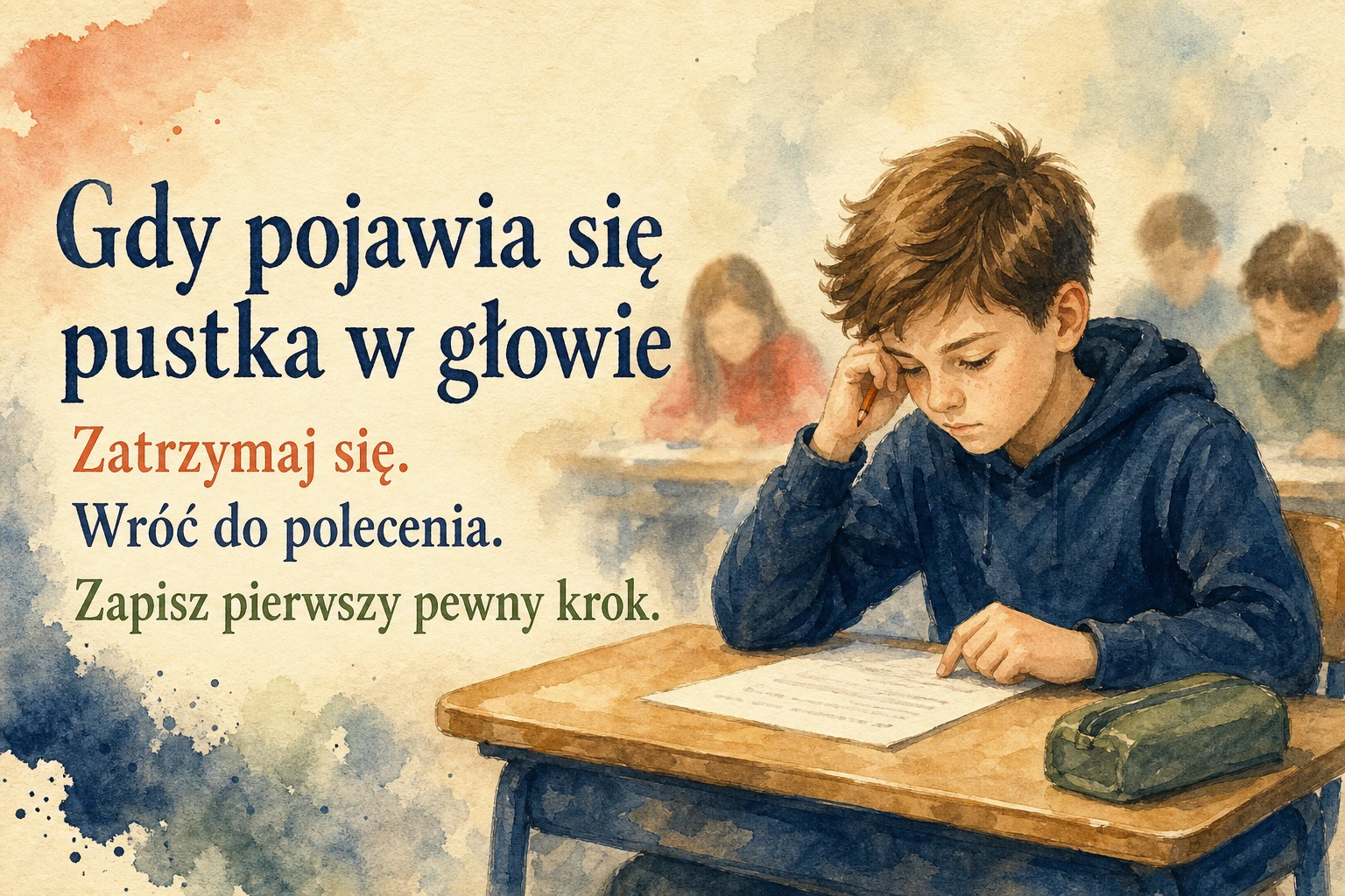 Renderowana ilustracja ucznia, który podczas sprawdzianu zatrzymuje się, porządkuje dane w zadaniu i spokojnie wybiera kolejny krok.