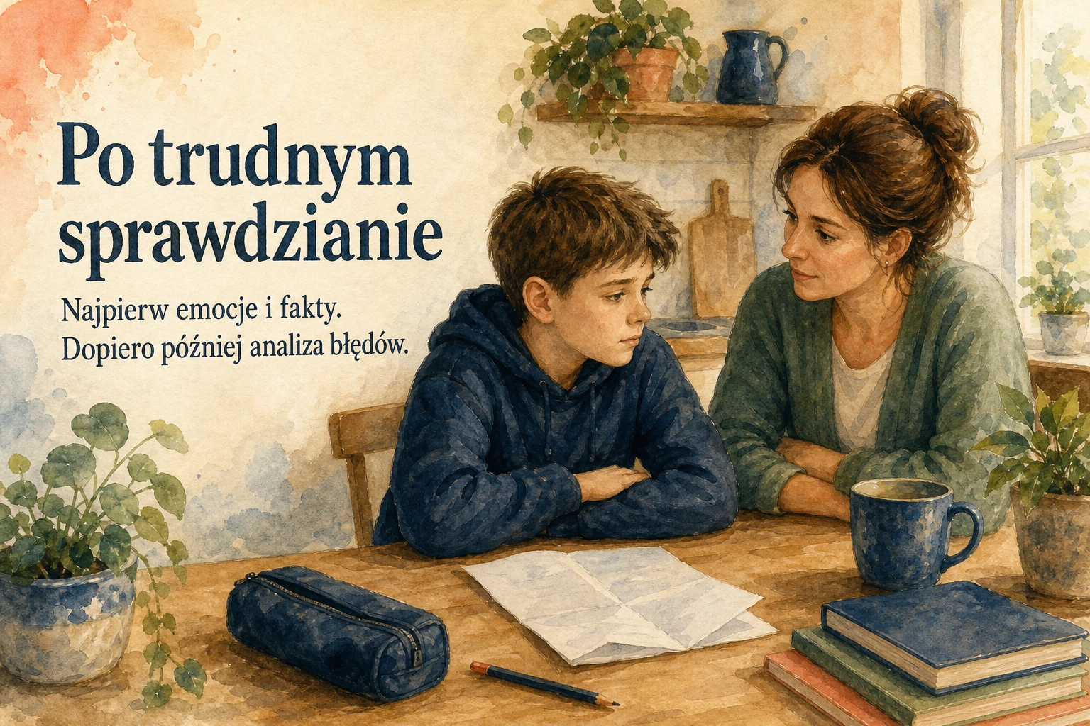 Renderowana ilustracja spokojnej rozmowy rodzica z dzieckiem po trudnym sprawdzianie z matematyki.