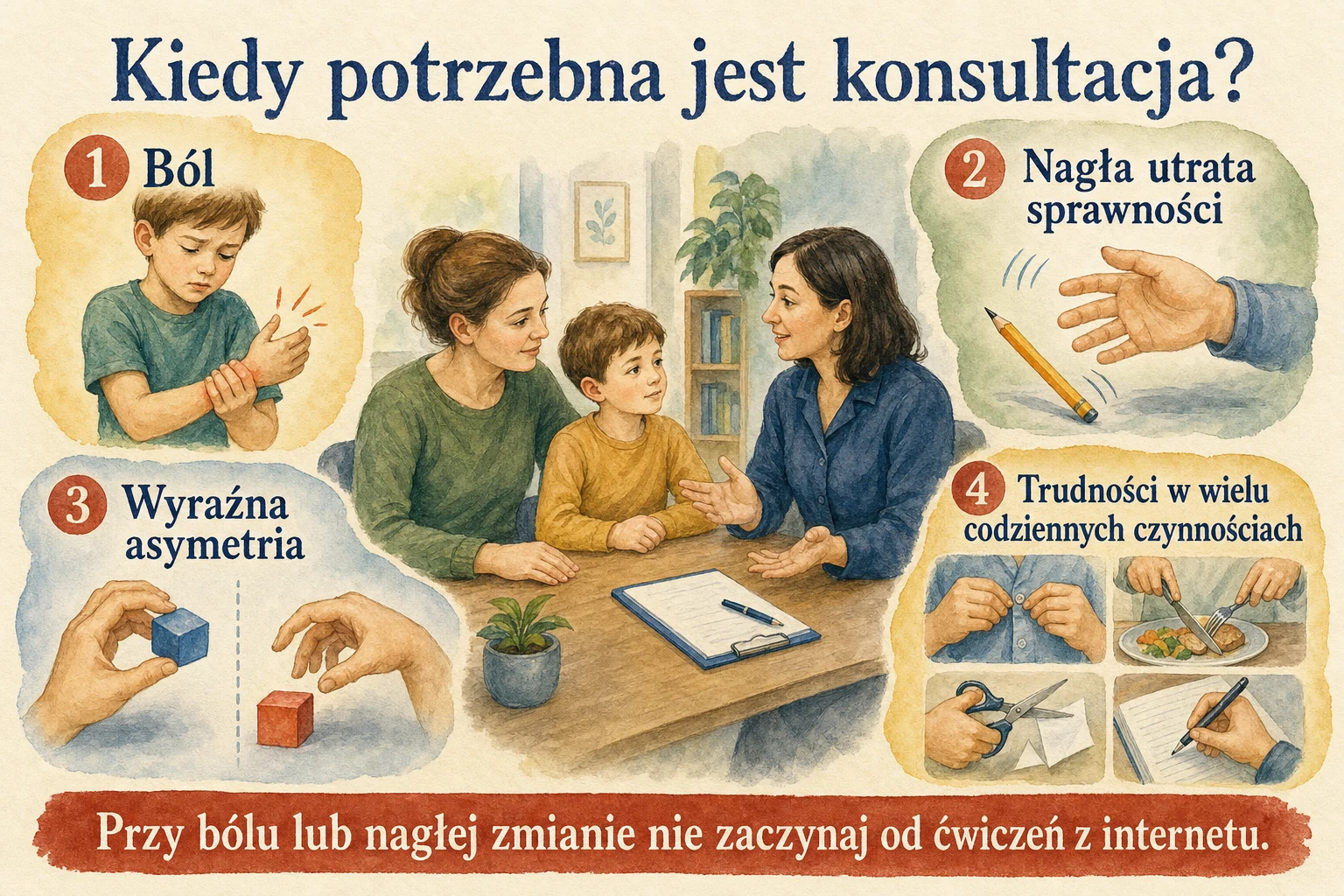 Kiedy potrzebna jest konsultacja - ból, utrata sprawności, asymetria i trudności w codziennych czynnościach.
