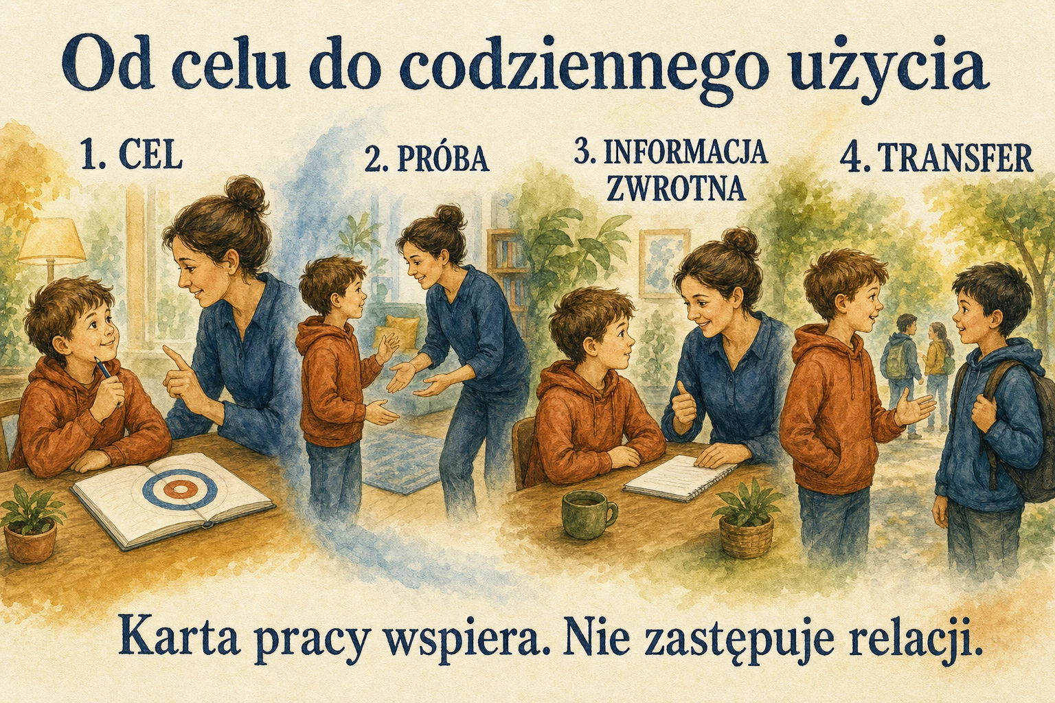 Cztery etapy dobrego ćwiczenia TUS: cel, próba, informacja zwrotna i transfer.