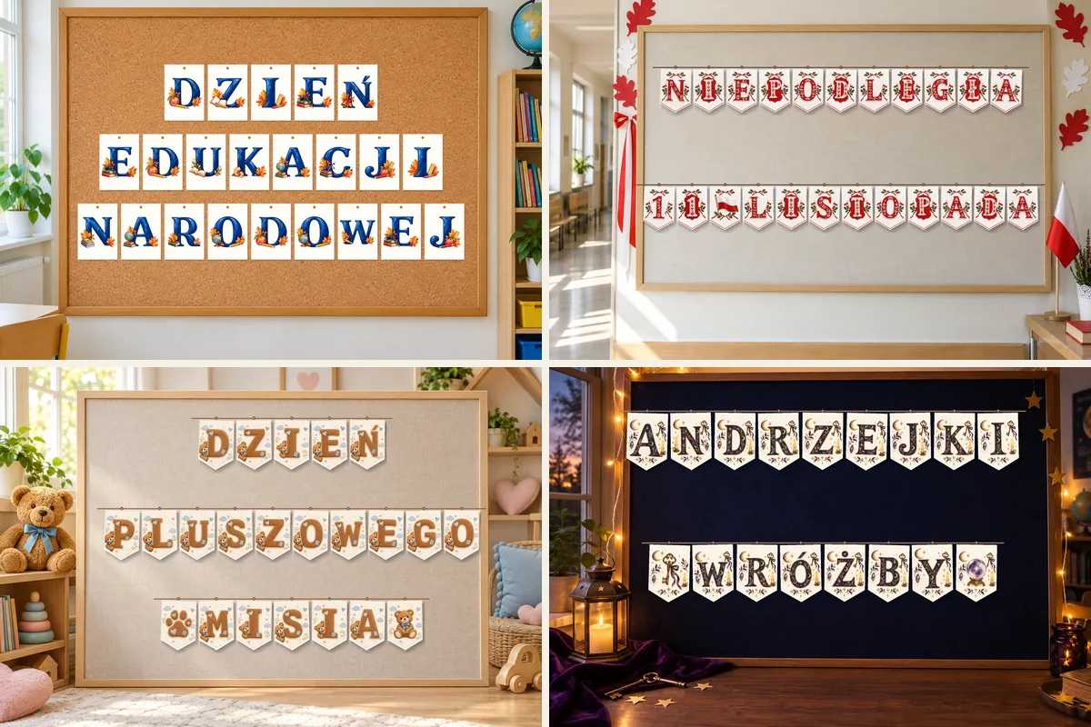 Girlandy do druku na tablicach korkowych: Dzień Edukacji Narodowej, 11 listopada, Dzień Pluszowego Misia i andrzejki