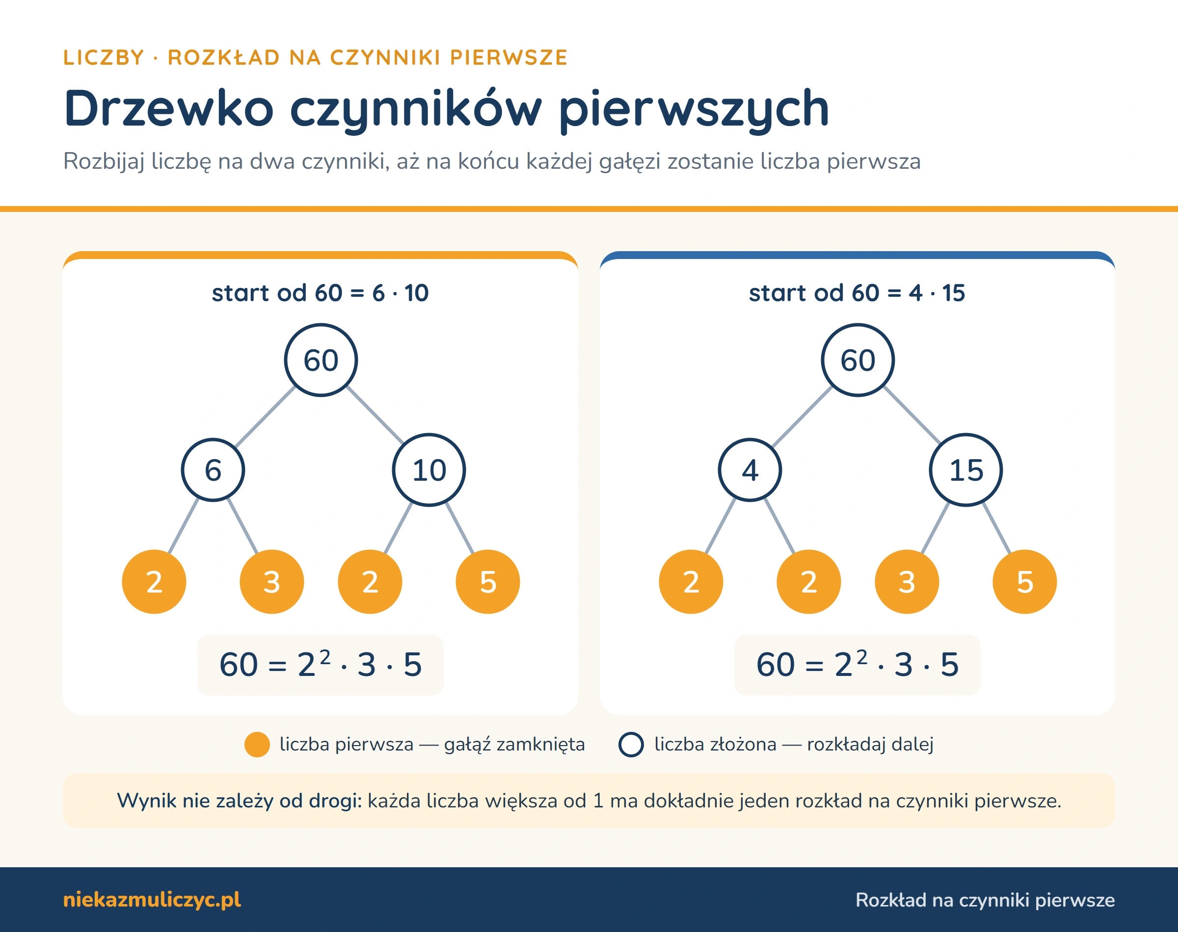 Drzewko czynników pierwszych liczby 60: rozkład zaczęty od 6 · 10 i od 4 · 15 daje ten sam wynik 60 = 2² · 3 · 5; liczby pierwsze zamykają gałęzie
