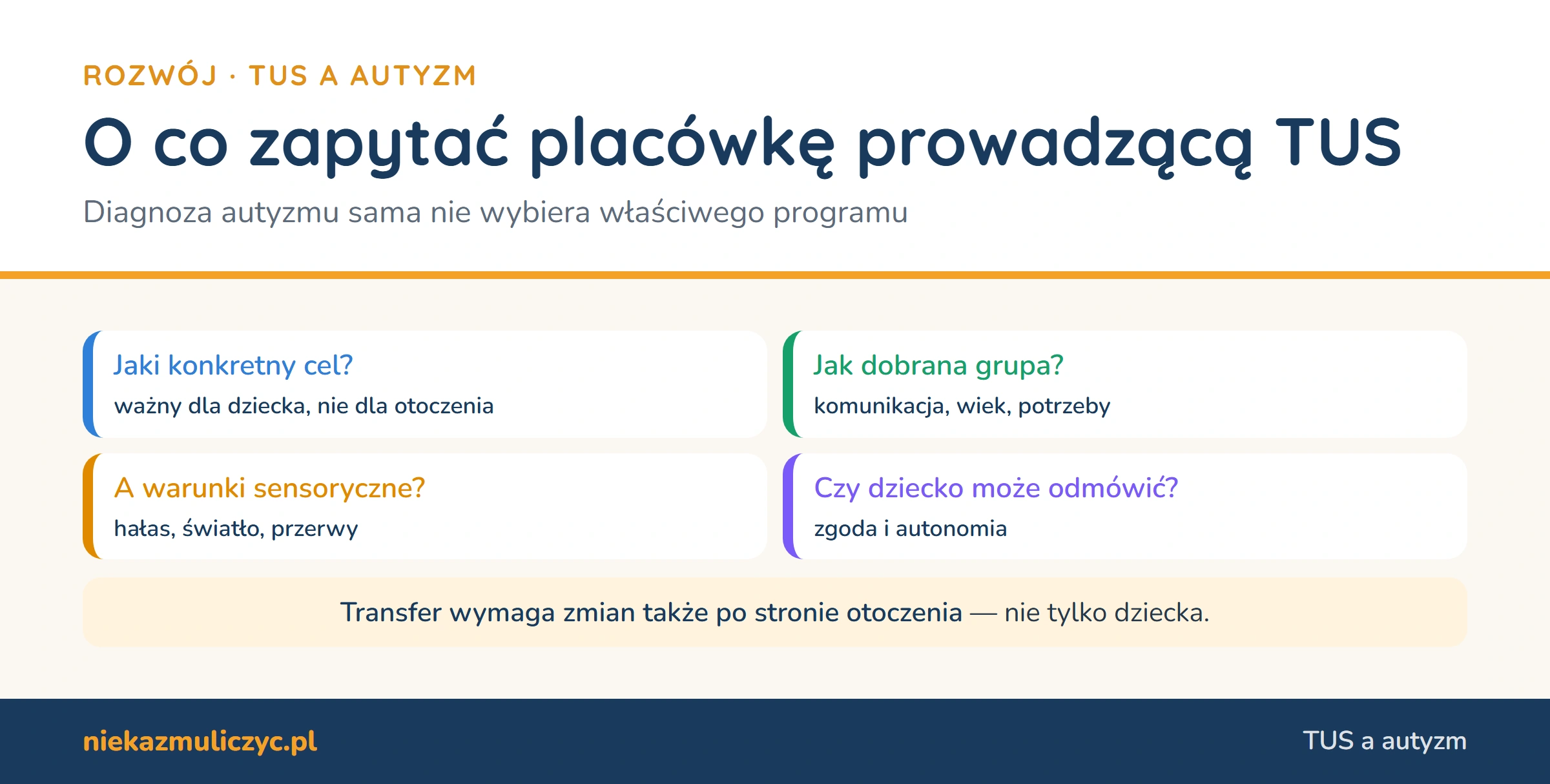 O co zapytać placówkę TUS dla dziecka autystycznego: jaki cel, jak dobrana grupa, jakie warunki sensoryczne, czy dziecko może odmówić