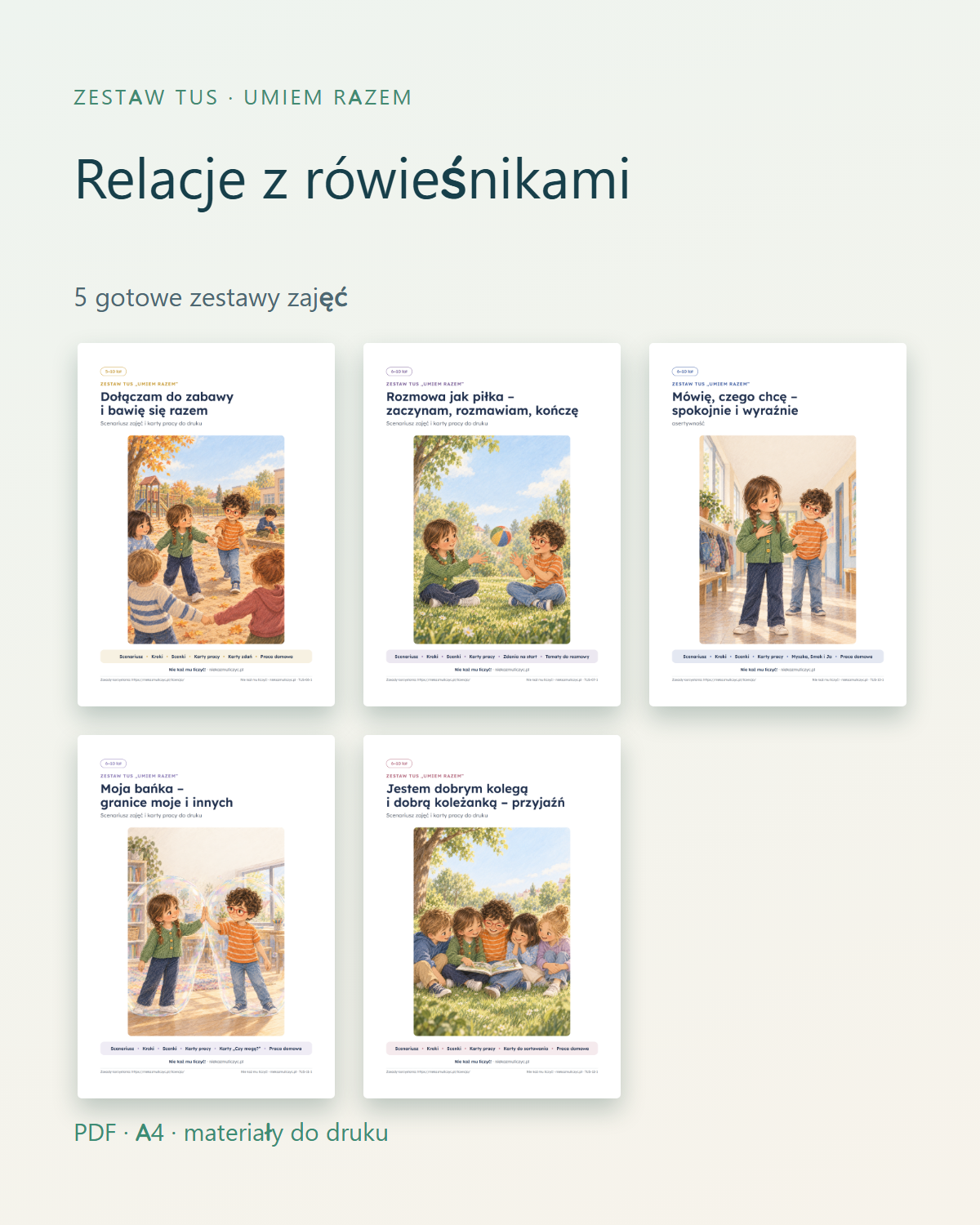 TUS Relacje z rówieśnikami: 5 zestawów zajęć, 5–10 lat — PDF z kluczem — okładka