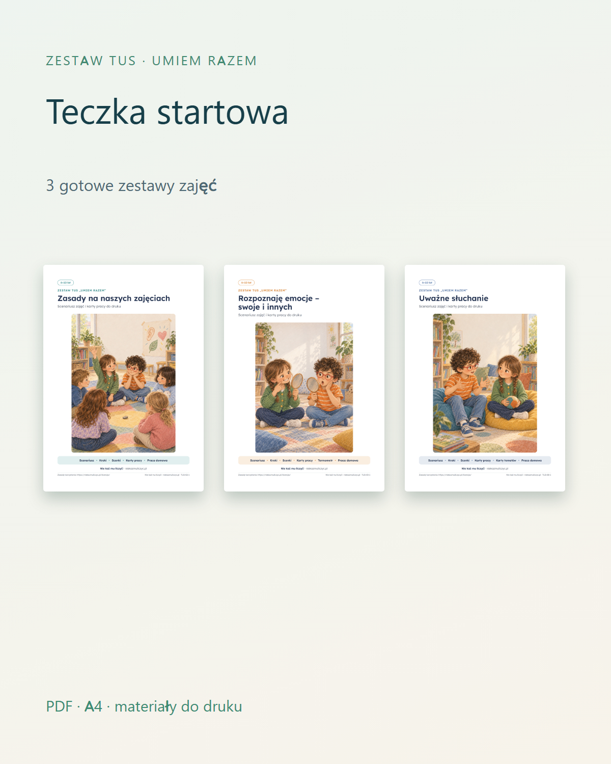 TUS Teczka startowa: 3 zestawy zajęć, 5–10 lat — PDF z kluczem — okładka