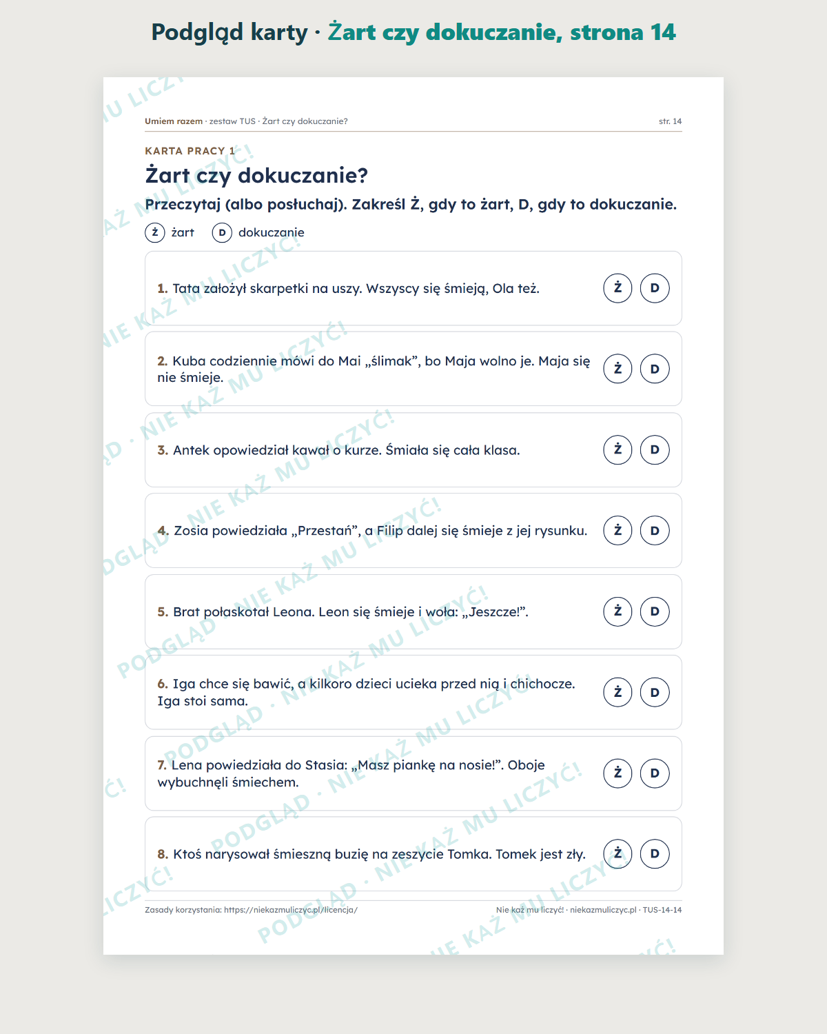 TUS: Żart czy dokuczanie, 5–10 lat — 22 strony PDF z kluczem — podgląd karty, strona 14