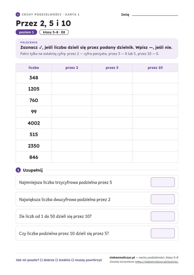 Cechy podzielności — ściąga i 10 kart pracy PDF z kluczem — przykładowa karta