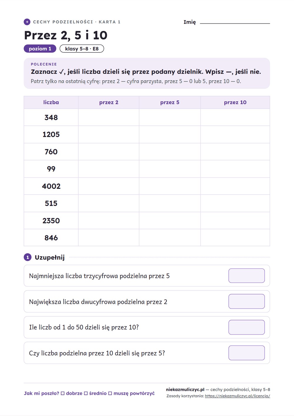Cechy podzielności — ściąga i 10 kart pracy PDF z kluczem — przykładowa karta